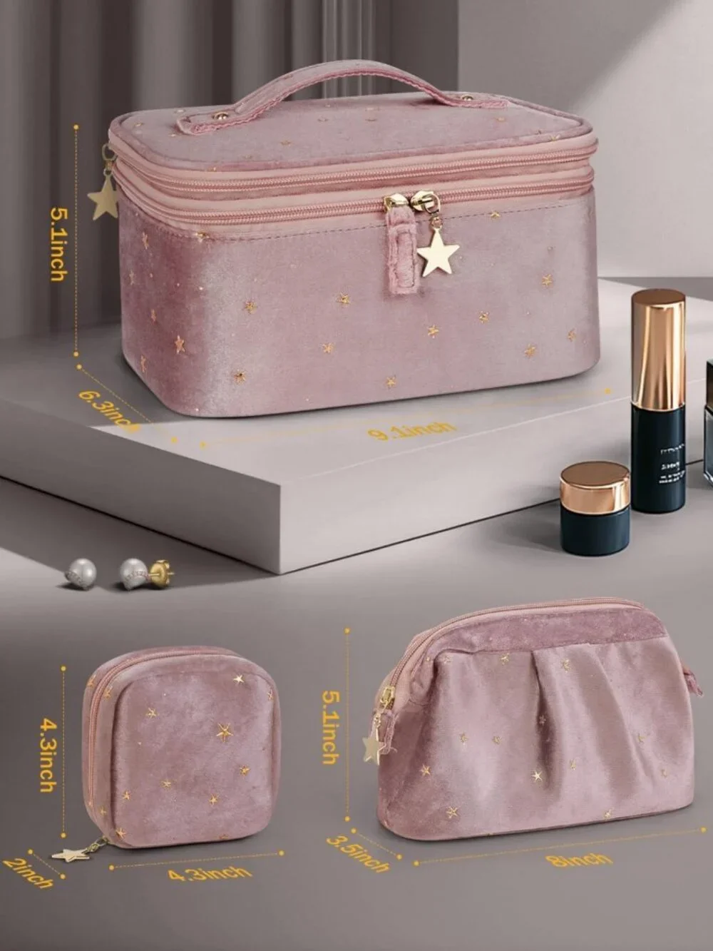 Stylish Double-Layer Makeup Bag Set with Jewelry Storage & Brush Holder - Pink